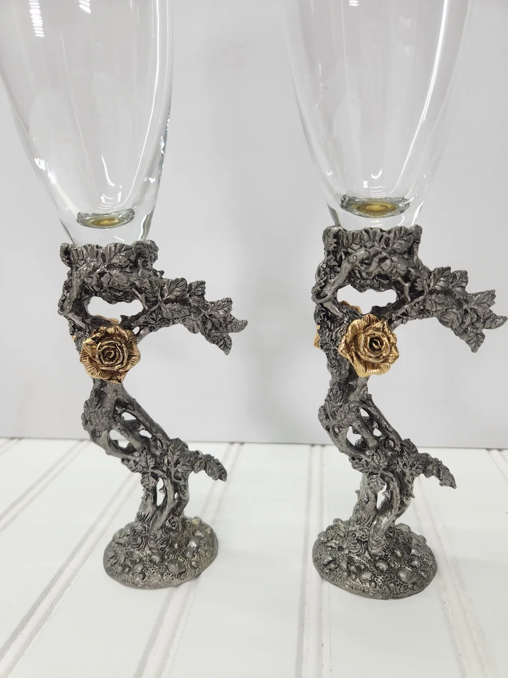 Vintage Fellowship Foundry Kevin O'Hare Pewter & Gold Rose Toasting Flutes Set